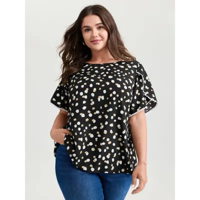 Bloomchic Women's Plus Size Irregular Polka Dots Print Lace Trim Blouse Black Polka Dots Casual Short Sleeve 2