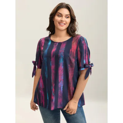 Bloomchic Women's Plus Size Irregular Stripes Sleeve Tie Blouse Multicolor Stripes Casual Short Sleeve Round N