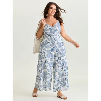 Bloomchic Women's Plus Size Island Escape Twist Front Wide-leg Jumpsuit Originalwhite Vacation 22-24/3x
