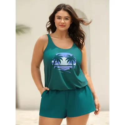 Bloomchic Women's Plus Size Island Pattern Pockets One-piece Swimsuit Cyan Tropical Non Adaptive-fit 30/6x In Blue