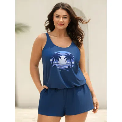 Bloomchic Women's Plus Size Island Pattern Pockets One-piece Swimsuit Mediumblue Tropical Non Adaptive-fit 10/