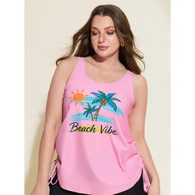 Bloomchic Women's Plus Size Island Print Drawstring Adjustable Swim Top Blush Tropical Sleeveless Ruched Bust  In Pink