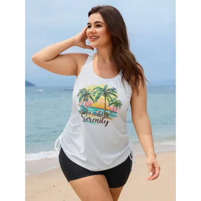 Bloomchic Women's Plus Size Island Print Drawstring Adjustable Swim Top Opticwhite Tropical Sleeveless Ruched  In White