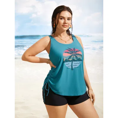 Bloomchic Women's Plus Size Island Print Drawstring Adjustable Swim Top Teal Tropical Sleeveless Ruched Bust S In Blue