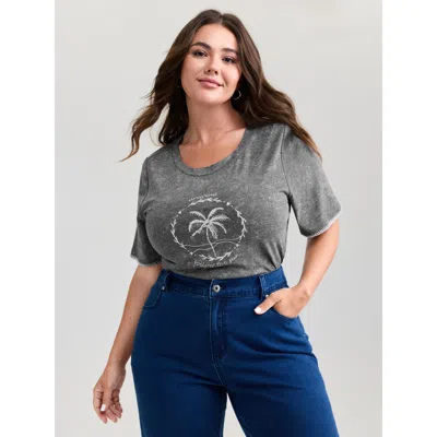 Bloomchic Women's Plus Size Island Print Embroidered Round Neck T-shirt Dimgray Non Casual Short Sleeve 22-24/
