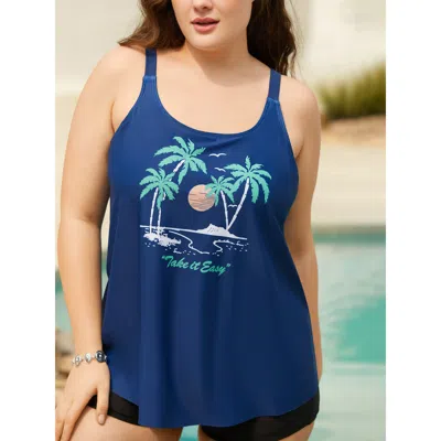 Bloomchic Women's Plus Size Island Print Non-removable Cups Swim Top Cerulean Palm Sleeveless Non Bust Support In Blue