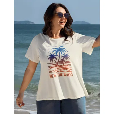 Bloomchic Women's Plus Size Island Print Round Neck Plain T-shirt Ivory Non Vacation Short Sleeve 12/l In White