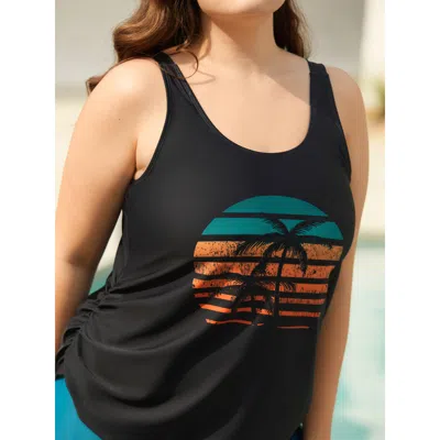 Bloomchic Women's Plus Size Island Print Ruched Swim Top Black Palm Sleeveless Ruched Bust Support 30/6x