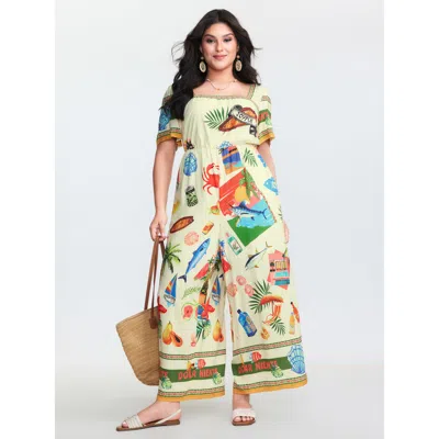 Bloomchic Women's Plus Size Island Print Square Neckline Jumpsuit Multicolor Vacation 30/6x