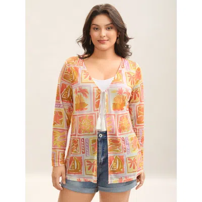 Bloomchic Women's Plus Size Island Ready Print Mesh Tassels Kimono Multicolor Tie Knot H-line 10/m