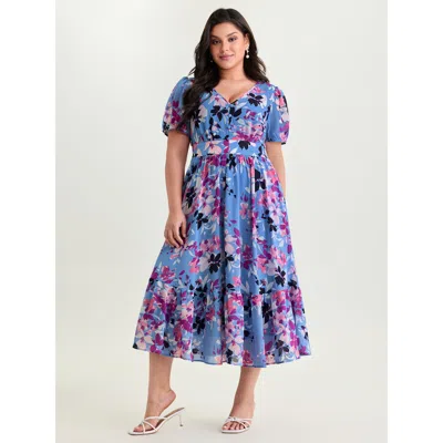 Bloomchic Women's Plus Size Island-ready Floral Print V-neckline Maxi Dress Bluepurple Ditsy Floral Tunic Eleg In Purple
