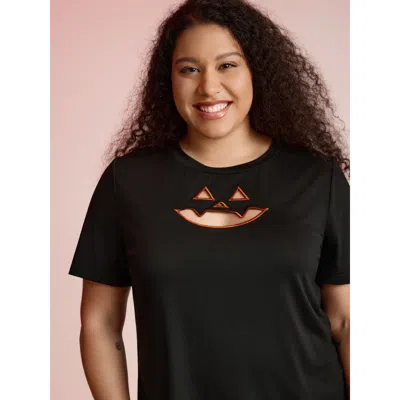 Bloomchic Women's Plus Size Jack-o-lantern Neck Hollow Embroidered T-shirt Black Non Casual Short Sleeve 30/6x