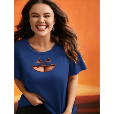 Bloomchic Women's Plus Size Jack-o-lantern Neck Hollow Embroidered T-shirt Navy Non Casual Short Sleeve 18-20/ In Blue