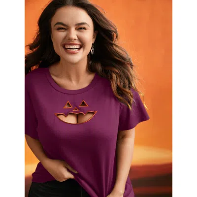 Bloomchic Women's Plus Size Jack-o-lantern Neck Hollow Embroidered T-shirt Redviolet Non Casual Short Sleeve 1