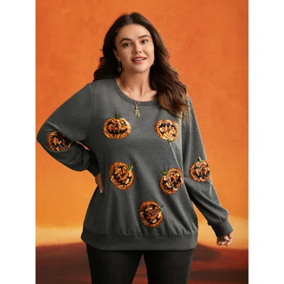 Bloomchic Women's Plus Size Jack-o-lantern Sequin Sweatshirt Dimgray Everyday 10/m