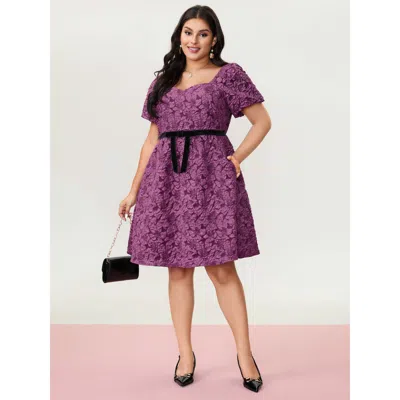 Bloomchic Women's Plus Size Jacquard Bow-tie Shirred Mini Dress Deeppurplered Solid Mini Elegant Cable Knit 28