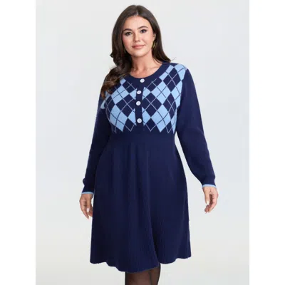 Bloomchic Women's Plus Size Jacquard Diamond Pattern Midi Sweater Dress Darkblue Plaid Tunic Colorblock 22-24/ In Blue