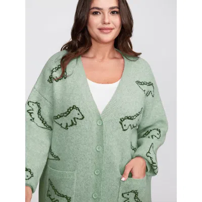 Bloomchic Women's Plus Size Jacquard Dinosaur Print Knit Cardigan Greenbean Long Sleeve V-neck 28/5x