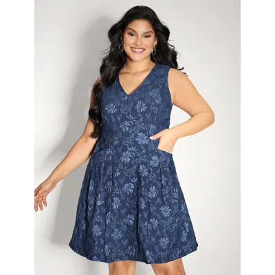 Bloomchic Women's Plus Size Jacquard Elastic Waist Pockets Knee-length Dress Navy Floral Short Party 30/6x In Blue