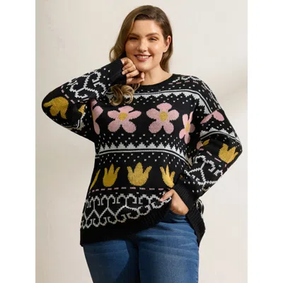 Bloomchic Women's Plus Size Jacquard Floral Garden Pattern Pullover Black Long Sleeve 14-16/1x
