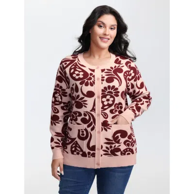 Bloomchic Women's Plus Size Jacquard Floral Print Button Knit Cardigan Mistyrose Long Sleeve 10/m