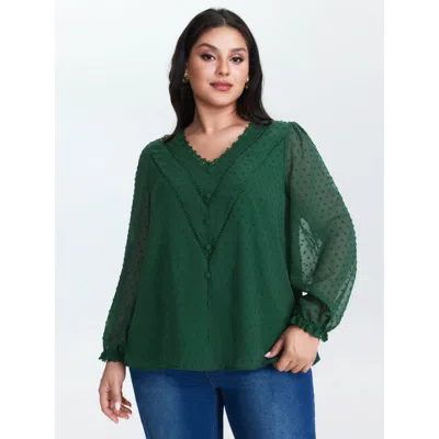 Bloomchic Women's Plus Size Jacquard Lace Trim V-neck Blouse Emerald Solid Elegant Long Sleeve V-neck 26/4x In Green