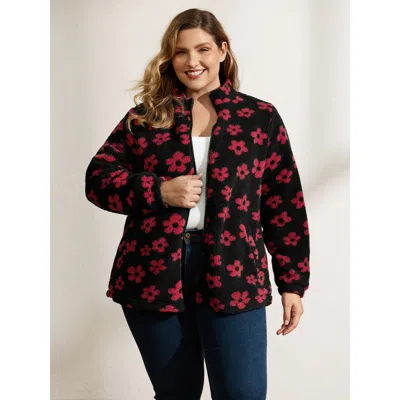 Bloomchic Women's Plus Size Jacquard Plush Floral Print Zipper Coat Black H-line 18-20/2x