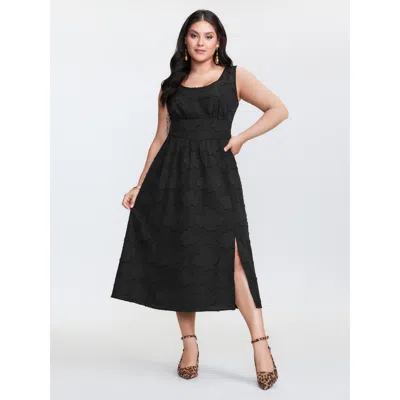Bloomchic Women's Plus Size Jacquard Pockets Slit Shirred Back Midi Dress Blackflower Synthetic Texture Midi E