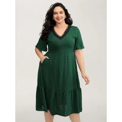 Bloomchic Women's Plus Size Jacquard Stretchy Waist Tiered Midi Dress Emerald Synthetic Texture Midi Elegant 1 In Green