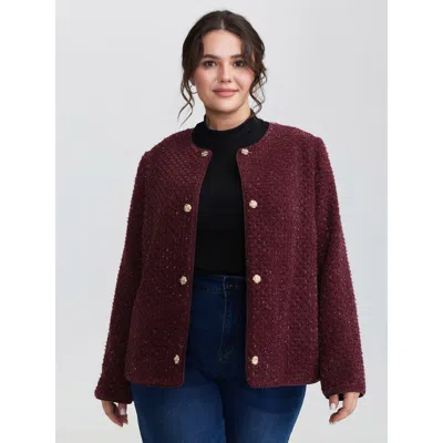 Bloomchic Women's Plus Size Jacquard Textured Gold Button Coat Burgundy H-line 10/m
