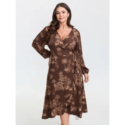 Bloomchic Women's Plus Size Jouy Pattern Stretch Twill Wrap Midi Dress Multicolor Tropical Midi Elegant Wrap /