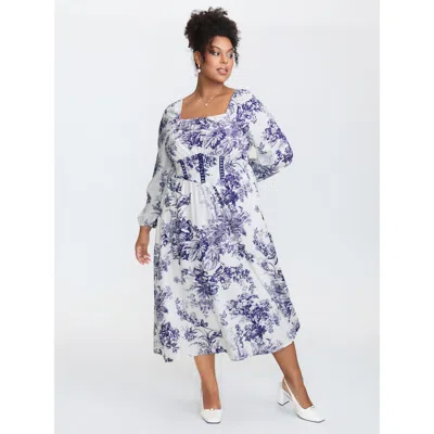 Bloomchic Women's Plus Size Jouy Pattern Triangular Cinched-waist Midi Dress Ivory Floral Midi Elegant Gathere In White