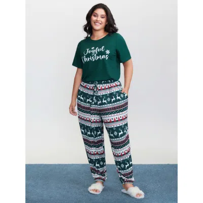 Bloomchic Women's Plus Size Joyful Holidays Stretchy Loungewear Set Darkgreen Letter Short Sleeve 10/m In Green