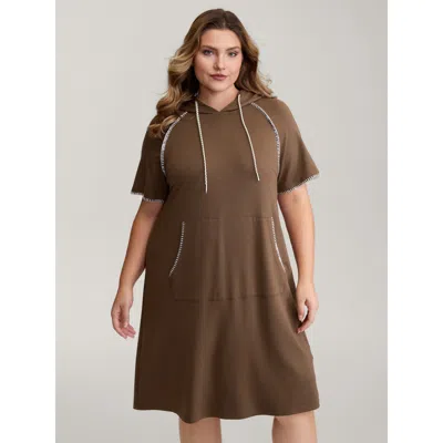 Bloomchic Women's Plus Size Kangaroo Pockets Contrast Edges Hoodie Knit Dress Browncoffeecolor Casual Knee 10/