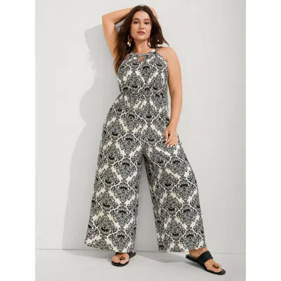 Bloomchic Women's Plus Size Keyhole Neck Damask Wide-leg Jumpsuit Black Vacation 10/m