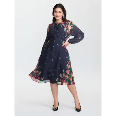 Bloomchic Women's Plus Size Keyhole Neckline Floral Print Midi Dress Navy Floral Midi Elegant Ruched 30/6x In Blue