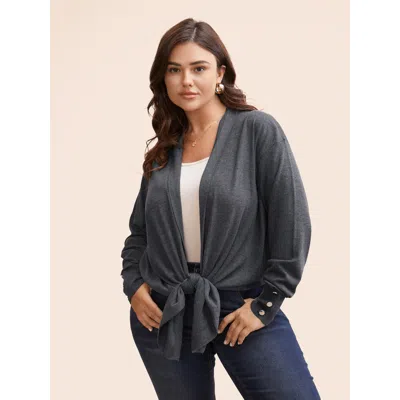 Bloomchic Women's Plus Size Kimono Collar Button Detail Asymmetrical Hem Cardigan Dimgray Long Sleeve 12/l