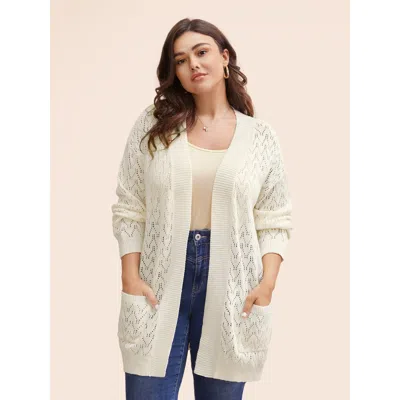 Bloomchic Women's Plus Size Kimono Collar Patch Pocket Pointelle Knit Cardigan Beige Long Sleeve 18-20/2x In Sand