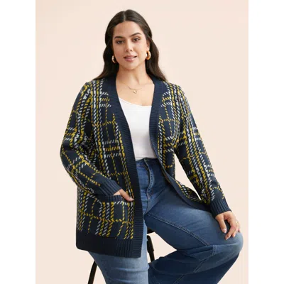 Bloomchic Women's Plus Size Kimono Collar Plaid Pocket Cardigan Indigo Long Sleeve 22-24/3x In Purple