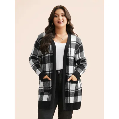 Bloomchic Women's Plus Size Kimono Collar Plaid Slit Hem Cardigan Black Long Sleeve 12/l