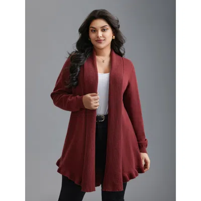 Bloomchic Women's Plus Size Kimono Collar Texture Knit Ruffle Hem Cardigan Deepred Long Sleeve 12/l In Red