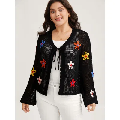 Bloomchic Women's Plus Size Knit Floral Front Tie Cardigan Black Long Sleeve V-neck 12/l