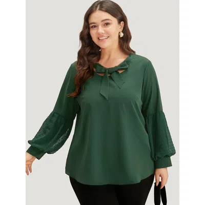 Bloomchic Women's Plus Size Knot Neck Lace Patchwork Lantern Sleeve Blouse Darkgreen Office Long Sleeve 14-16/ In Green