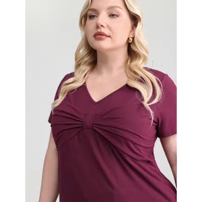 Bloomchic Women's Plus Size Knotted Bodice Deep V-neckline Knit Top Deeppurplered Short Sleeve Elegant 12/l