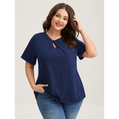 Bloomchic Women's Plus Size Knotted Cut-out Neckline Solid T-shirt Darkblue Solid Elegant Short Sleeve Asymmet In Blue