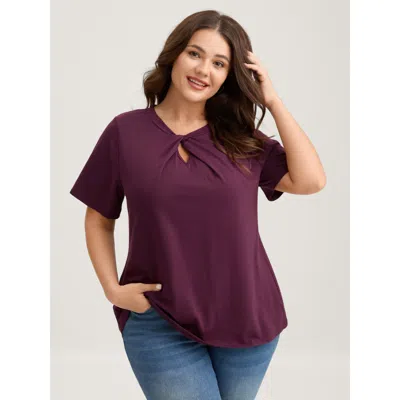 Bloomchic Women's Plus Size Knotted Cut-out Neckline Solid T-shirt Eggplant Solid Elegant Short Sleeve Asymmet In Purple