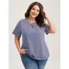 Bloomchic Women's Plus Size Knotted Cut-out Neckline Solid T-shirt Lightblue Solid Elegant Short Sleeve Asymme In Blue
