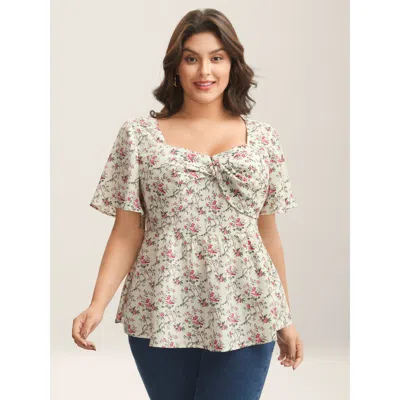 Bloomchic Women's Plus Size Knotted Floral Print Flared Sleeve Blouse Ivory Floral Elegant Short Sleeve Sweeth In White