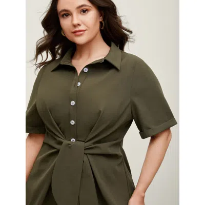 Bloomchic Women's Plus Size Knotted Front Asymmetrical Hem Blouse Armygreen Solid Office Short Sleeve Collared