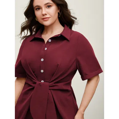 Bloomchic Women's Plus Size Knotted Front Asymmetrical Hem Blouse Burgundy Solid Office Short Sleeve Collared 